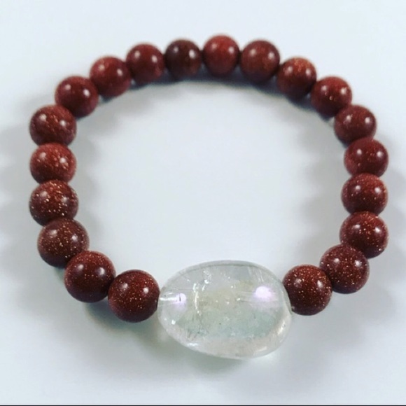Aura crystal quartz & goldstone bead boho bracelet - Picture 4 of 8